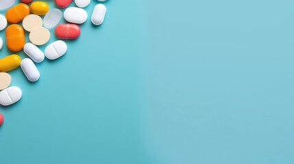 Colorful medicine tablets antibiotic pills on soft blue background