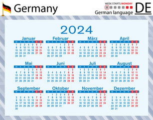 German horizontal pocket calendar for 2024. Week starts Monday