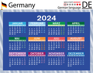 German horizontal pocket calendar for 2024. Week starts Monday