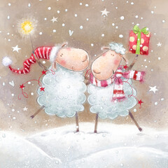 Cartoon funny sheep with sparkler and gift .Christmas greeting cards. Hand draw Christmas illustration - 634673562