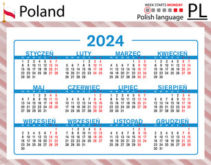 Polish horizontal pocket calendar for 2024. Week starts Monday