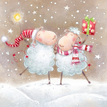 Cartoon funny sheep with sparkler and gift .Christmas greeting cards. Hand draw Christmas illustration
