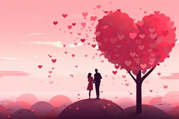 Couple enamored under love tree with red hearts, silhouettes of man and woman on pink background illustration love Valentines day poster, banner, postcard Generative AI