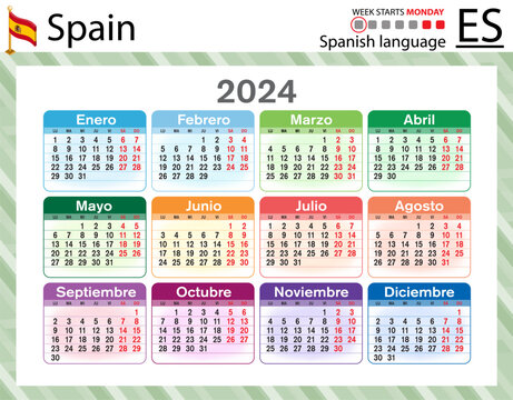 Spanish horizontal pocket calendar for 2024. Week starts Monday