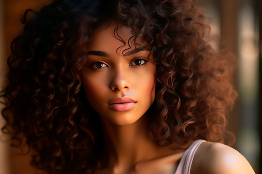 Close-up realistic portrait of young black beautiful woman with curly hair