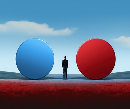 Business man next to a blue and red pill, concept of choices and decisions. Generative AI