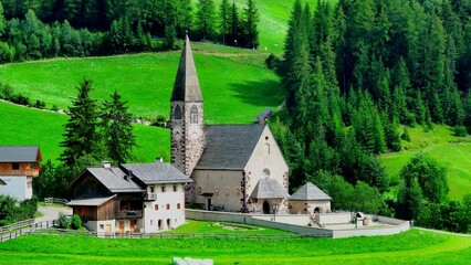 Santa Maddalena village and The Dolomites mountains in background, Val di Funes valley, Trentino Alto Adige region, Italy, Europe.