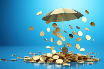 Umbrella and falling coins , blue background, wealth and goods concept. Generative AI