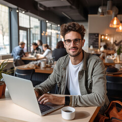 Fototapeta na wymiar Freelancer working at home drinking coffee Generative AI