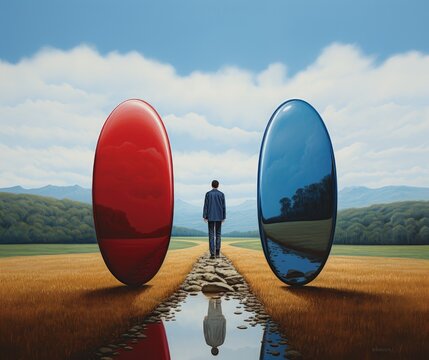 Business man next to a blue and red pill, concept of choices and decisions. Generative AI