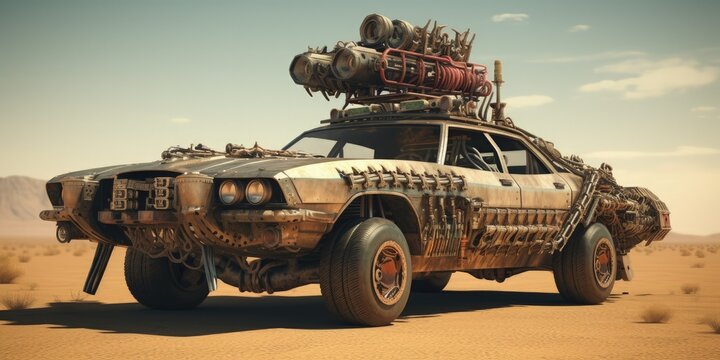 Landscape with custom deteriorated vintage car in the desert, post apocalyptic world concept. Generative AI