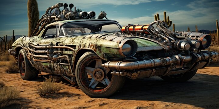 Landscape with custom deteriorated vintage car in the desert, post apocalyptic world concept. Generative AI