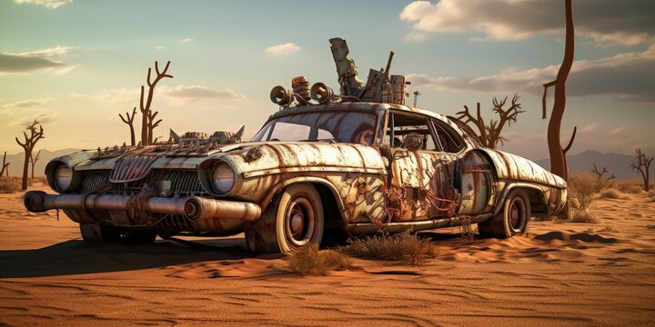 Landscape with custom deteriorated vintage car in the desert, post apocalyptic world concept. Generative AI