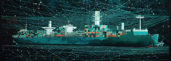 Fototapeta premium Cargo ship with freight containers, blue background with connection network with delivery points, concept of logistics and ecommerce. Generative AI