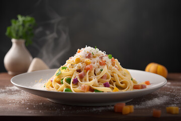 Homemade pasta with ham and vegetables on the plate. Italian food.