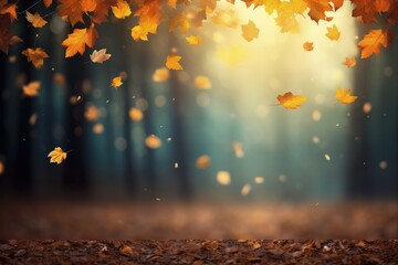 Landscape with falling autumn leaves, bokeh background with forest. Generative AI - obrazy, fototapety, plakaty
