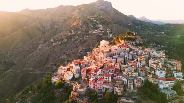 Spectacular Aerial Sunset Views of Taormina and Castelmola Medieval Villages | Italy's Charming Historic Landscapes from Above