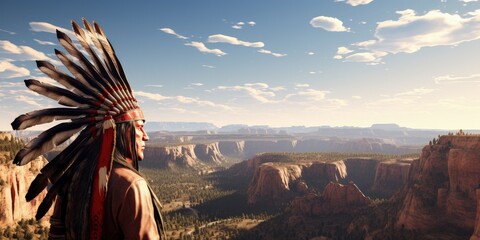 Apache Indian chief, landscape with canyons and plains, wild west concept. Cenerative AI