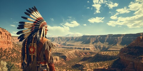 Apache Indian chief, landscape with canyons and plains, wild west concept. Cenerative AI
