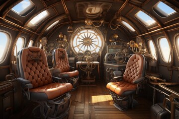 Technological interior of an airship, steampunk style. Generative AI