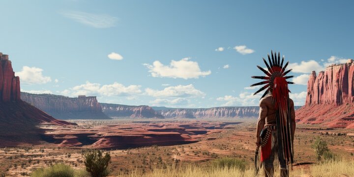 Apache Indian chief, landscape with canyons and plains, wild west concept. Cenerative AI