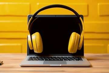 Headset on laptop screen, yellow background, digital illustration. Generative AI