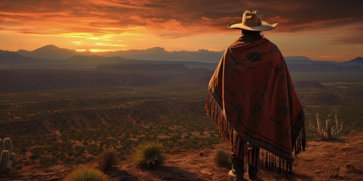 Mexican gunslinger with poncho and hat, landscape with canyons and sunset, old west concept. Generative AI