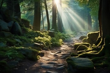 Mystical forest with stone paths, concept of fantasy and fairy tales. Generative AI