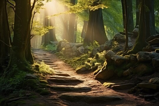 Mystical forest with stone paths, concept of fantasy and fairy tales. Generative AI