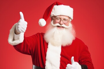 Fototapeta na wymiar Smiling Santa Claus giving thumbs up, red background, Christmas holiday. Generative AI