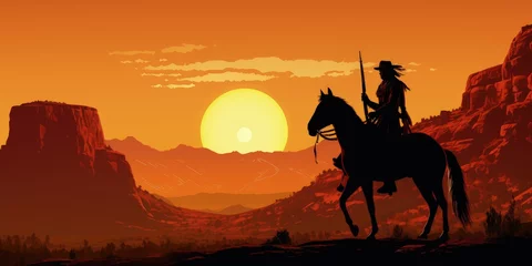 Foto auf Acrylglas Orange Silhouette of Indian chief on horseback, landscape with sunset, wild west concept. Generative AI