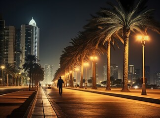 A Palm-lined Street at Night