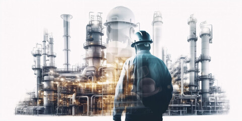 multiple exposure of industry and engineer.   - obrazy, fototapety, plakaty