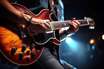 Obraz premium Electrifying Performance: Closeup of Guitarist Guy Fingerstyle Playing on Electric Guitar on Concert Stage. created with Generative AI