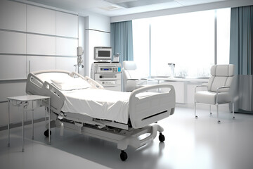 White Minimalistic Hospital Patient Room with Advanced Medical Technology for Diagnosing and Cure.. created with Generative AI
