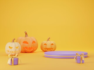The 3d Halloween Illustration has a Jack o lantern, purple podiums for showcasing products on a yellow background, and a concept Halloween festival. 3D render.