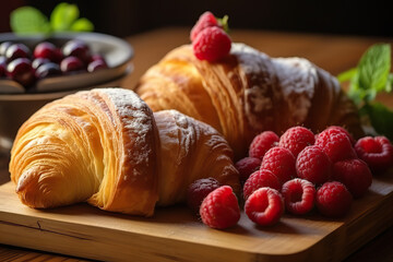 Tempting Croissants and Berries Delight in Morning Delicacy Spread. created with Generative AI