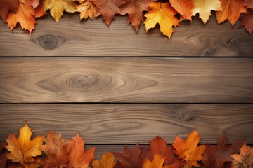 Naklejka na ściany i meble Wooden background with autumn leaves, empty space for text. Generative AI