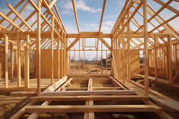 assembly of the wooden frames beams and trusses. Generative AI