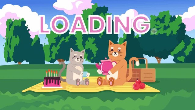 Tea party picnic 2D loading animation. Happy kitten pouring tea in cup of friend animated cartoon characters 4K video loader motion graphic. Two cats enjoying teatime download, upload progress gif