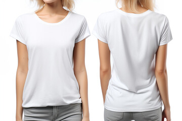 Front and back views of young woman in stylish t-shirt on white background, made by ai - Powered by Adobe
