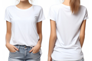 Front and back views of young woman in stylish t-shirt on white background, made by ai