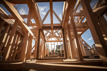 Obraz premium assembly of the wooden frames beams and trusses. Generative AI