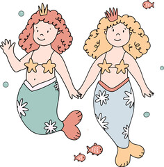 Beautiful vector stock illustration with cute hand drawn mermaid. Clip art.
