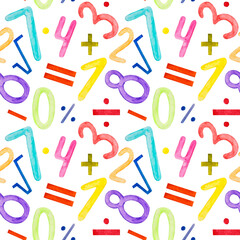 Watercolor pattern, numbers and math symbols on white background. Seamless pattern for school products, wrapping, etc.