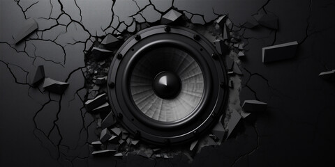 Black wall breaks from sound with loudspeaker.   - obrazy, fototapety, plakaty