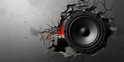 Black wall breaks from sound with loudspeaker.  
