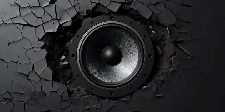 Black wall breaks from sound with loudspeaker.  