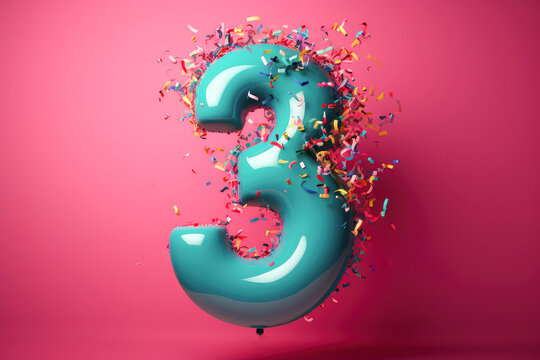  Colorful number three, third, 3. Happy birthday number with balloons, bubbles, particles and confetti. Anniversary. Generative ai 