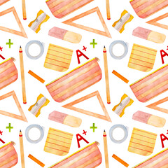 Watercolor pattern, school accessories, ruler, pencil, mathematics symbols, pencil case, easer on a white background. 